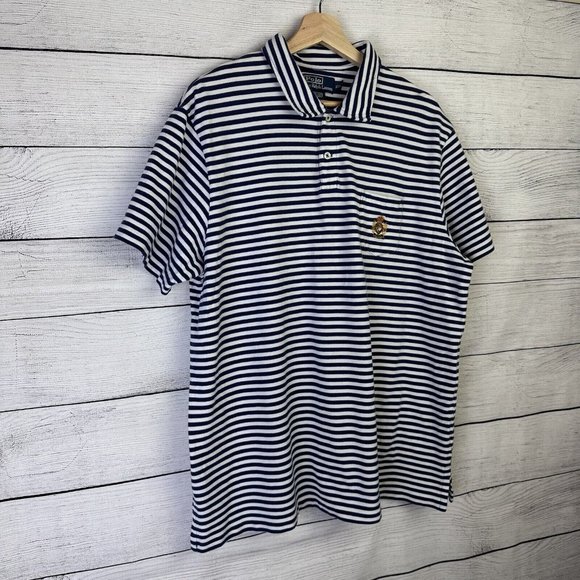Vtg Polo Ralph Lauren Mens XXL Polo Crest Lisle Polo Shirt Navy Stripe - Picture 3 of 9